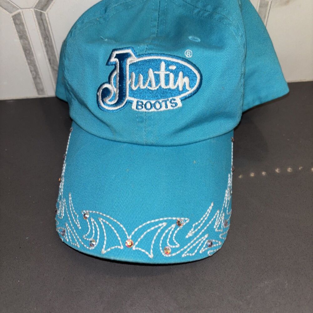 Justin Boots Women's Tourq Blue Adjustable Rhinestone Baseball Cap Cotton Canvas